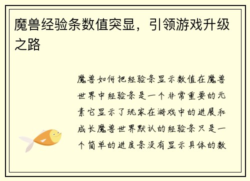 魔兽经验条数值突显，引领游戏升级之路